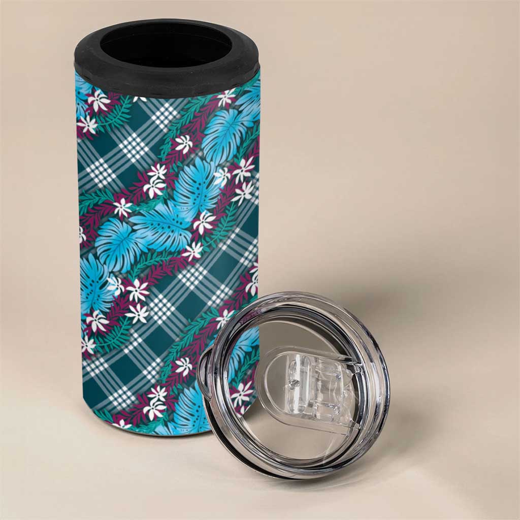Polynesian Monstera Tiare Floral 4 in 1 Can Cooler Tumbler Dark Teal Tropical Plaid LT01 - Polynesian Pride
