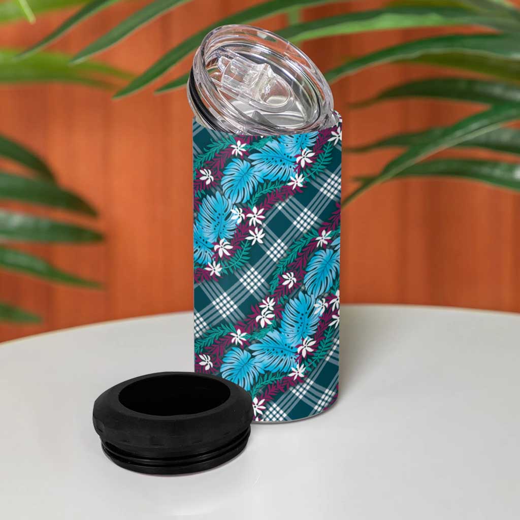 Polynesian Monstera Tiare Floral 4 in 1 Can Cooler Tumbler Dark Teal Tropical Plaid LT01 - Polynesian Pride
