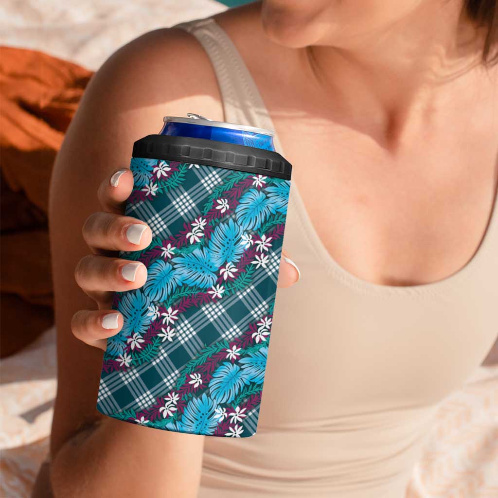 Polynesian Monstera Tiare Floral 4 in 1 Can Cooler Tumbler Dark Teal Tropical Plaid LT01 - Polynesian Pride