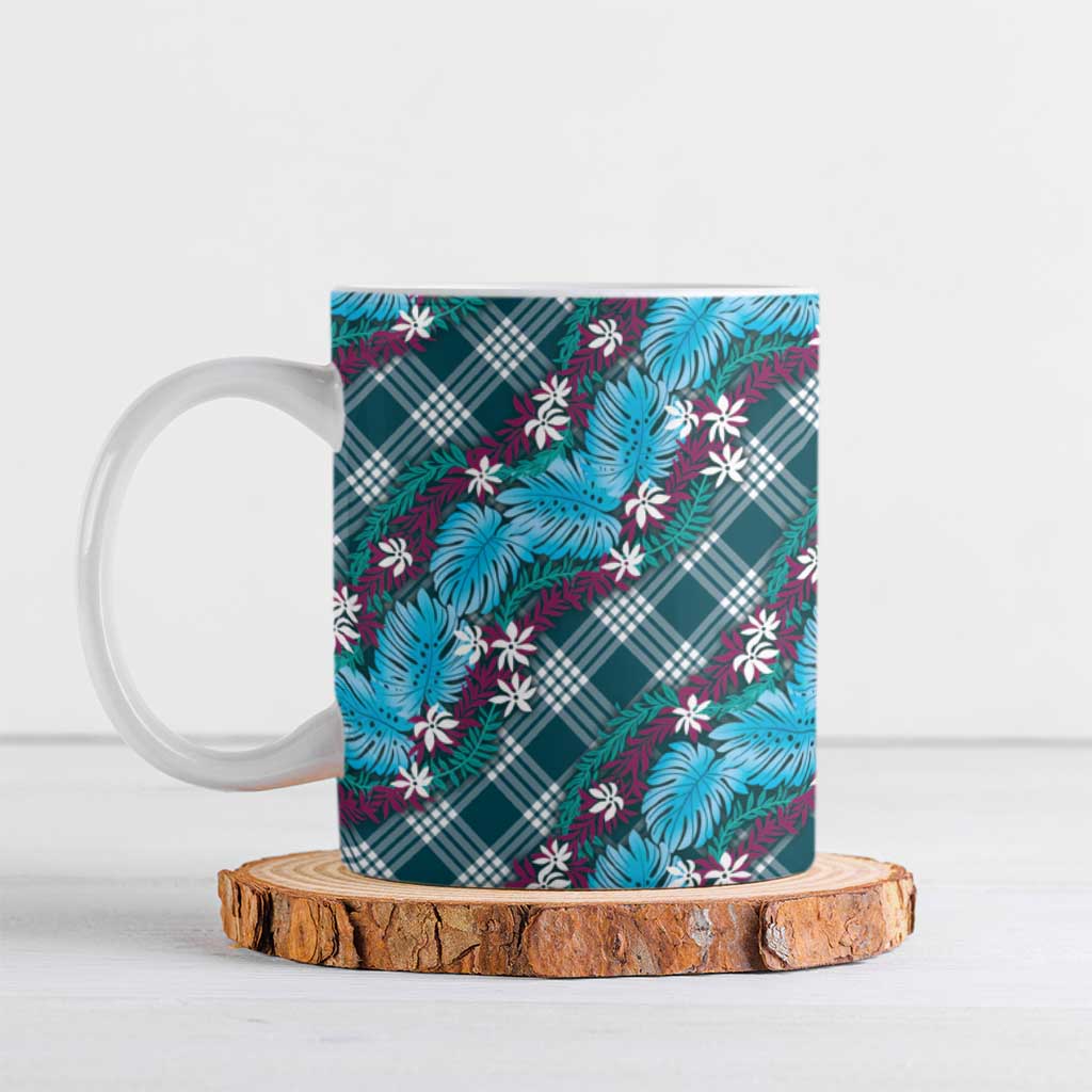 Polynesian Monstera Tiare Floral Ceramic Mug Dark Teal Tropical Plaid - Polynesian Pride