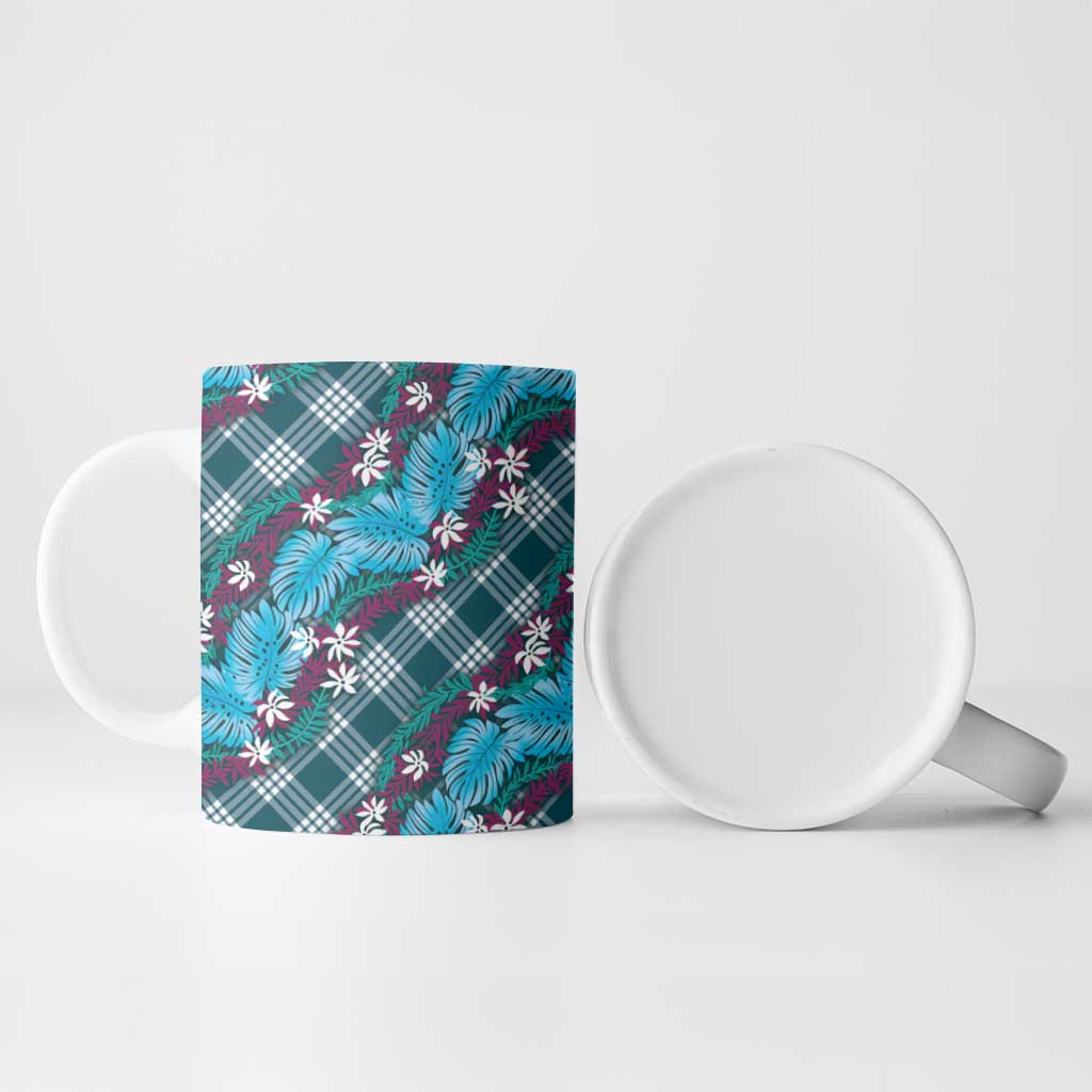 Polynesian Monstera Tiare Floral Ceramic Mug Dark Teal Tropical Plaid - Polynesian Pride