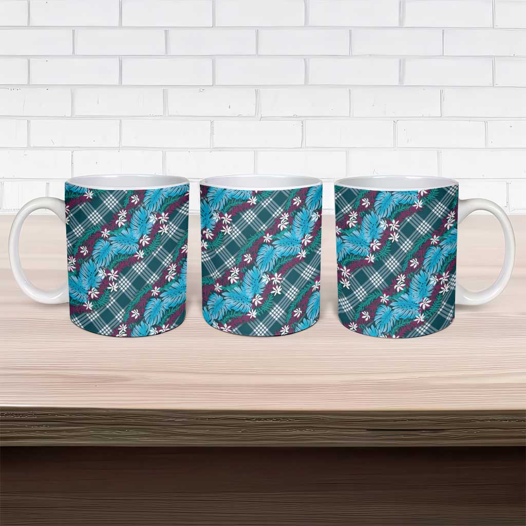 Polynesian Monstera Tiare Floral Ceramic Mug Dark Teal Tropical Plaid - Polynesian Pride