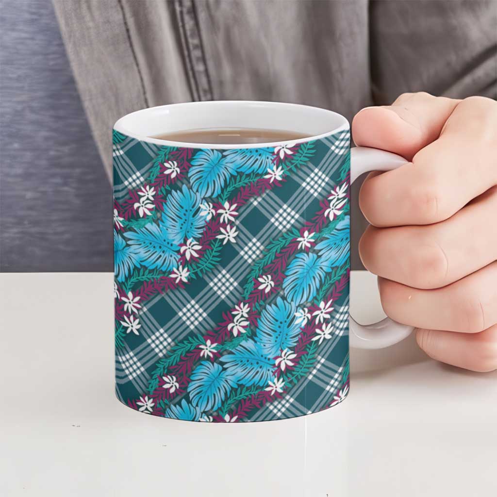 Polynesian Monstera Tiare Floral Ceramic Mug Dark Teal Tropical Plaid - Polynesian Pride