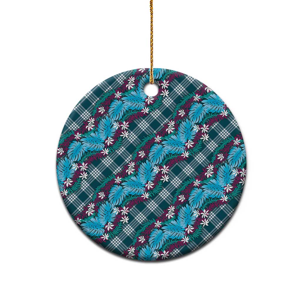 Polynesian Monstera Tiare Floral Ceramic Ornament Dark Teal Tropical Plaid LT01 - Polynesian Pride