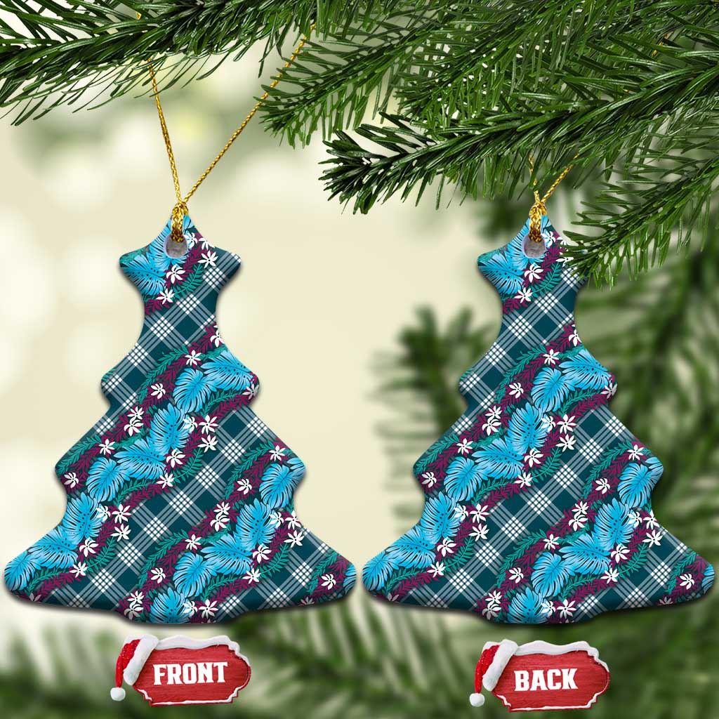 Polynesian Monstera Tiare Floral Ceramic Ornament Dark Teal Tropical Plaid LT01 Christmas Tree Teal - Polynesian Pride
