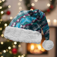 Polynesian Monstera Tiare Floral Christmas Santa Hat Dark Teal Tropical Plaid LT01 With Fur Teal - Polynesian Pride