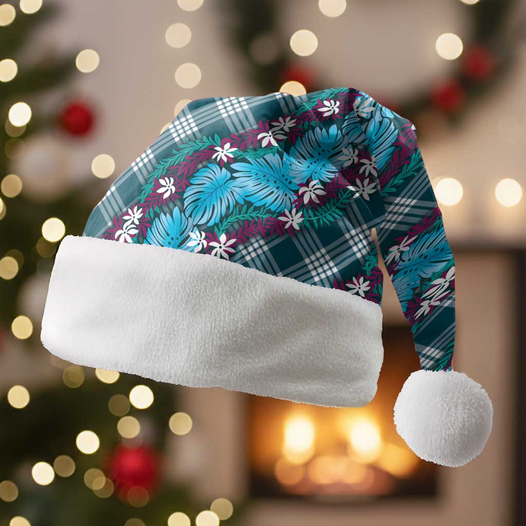 Polynesian Monstera Tiare Floral Christmas Santa Hat Dark Teal Tropical Plaid LT01 Without Fur Teal - Polynesian Pride