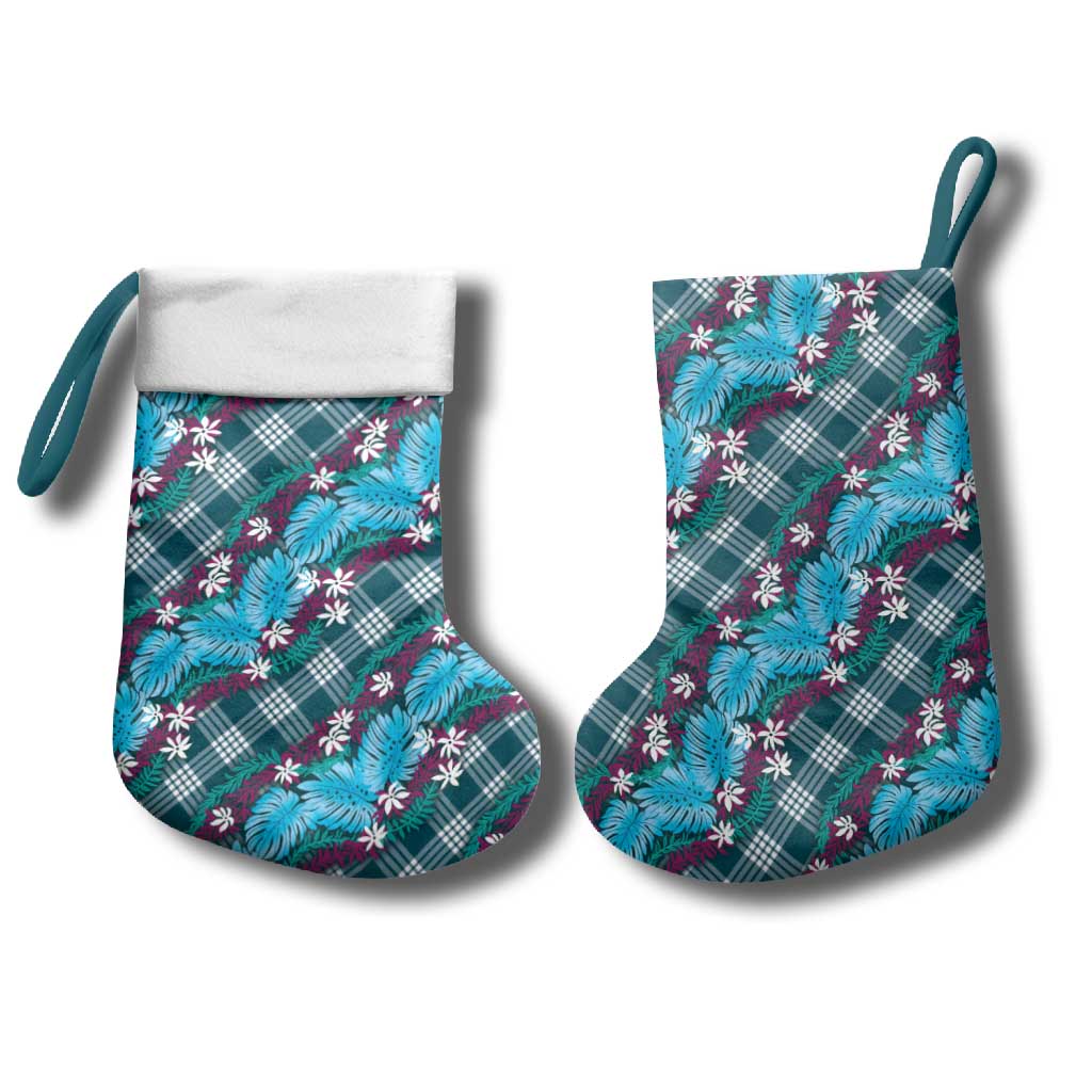 Polynesian Monstera Tiare Floral Christmas Stocking Dark Teal Tropical Plaid - Polynesian Pride