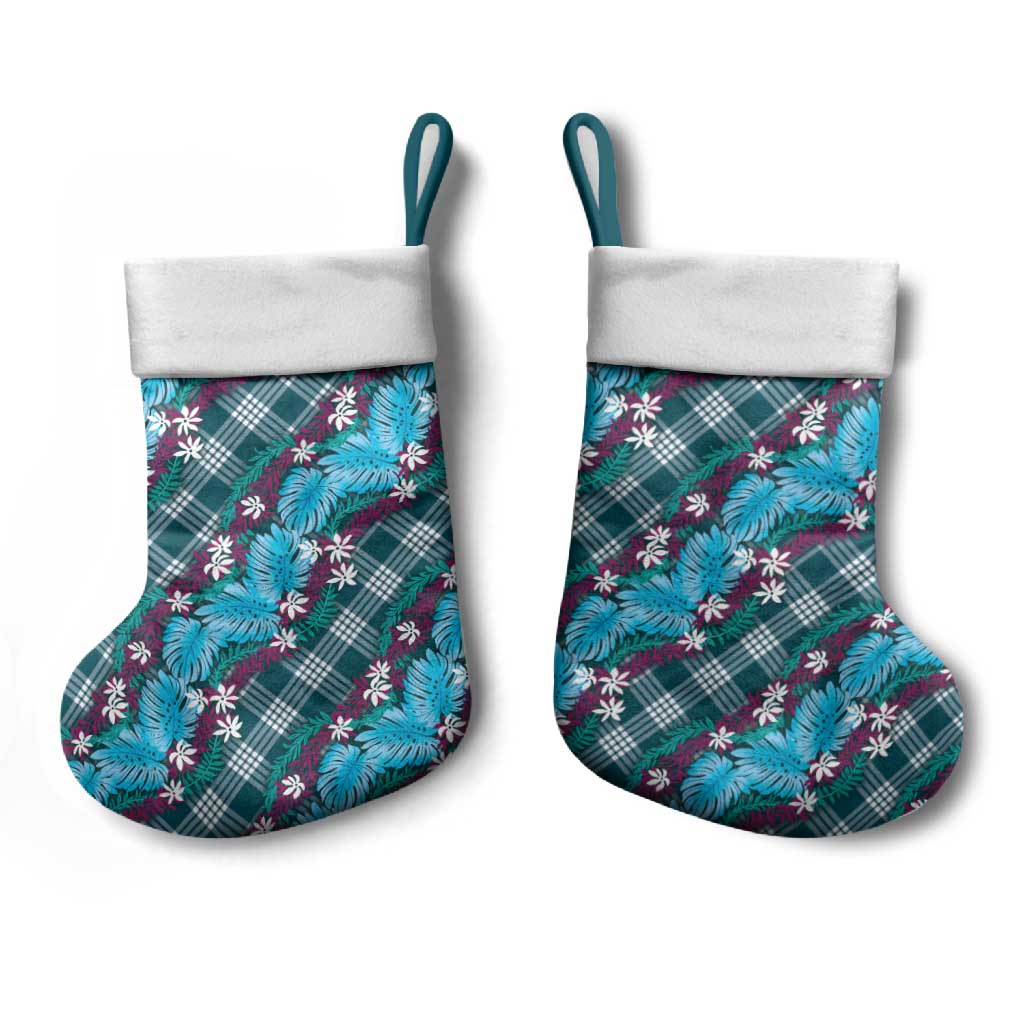 Polynesian Monstera Tiare Floral Christmas Stocking Dark Teal Tropical Plaid - Polynesian Pride