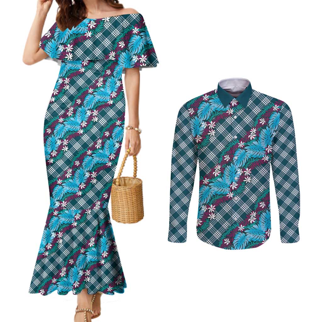 Polynesian Monstera Tiare Floral Couples Matching Mermaid Dress and Long Sleeve Button Shirt Dark Teal Tropical Plaid - Polynesian Pride
