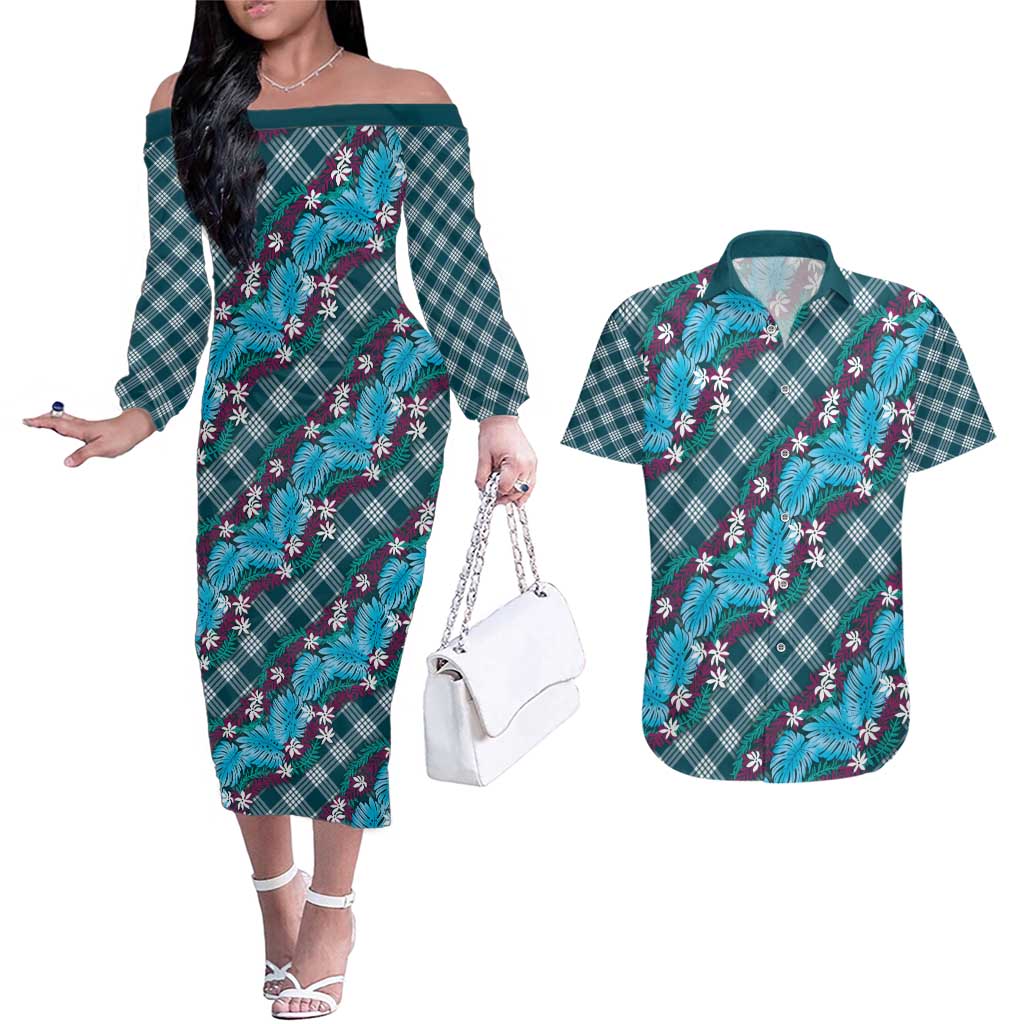 Polynesian Monstera Tiare Floral Couples Matching Off The Shoulder Long Sleeve Dress and Hawaiian Shirt Dark Teal Tropical Plaid - Polynesian Pride