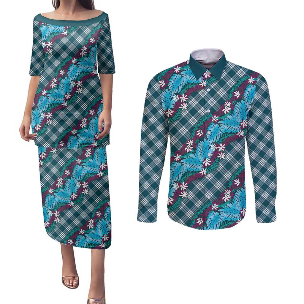 Polynesian Monstera Tiare Floral Couples Matching Puletasi and Long Sleeve Button Shirt Dark Teal Tropical Plaid LT01 Teal - Polynesian Pride