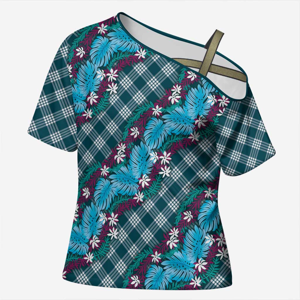 Polynesian Monstera Tiare Floral Cross Shoulder Shirt Dark Teal Tropical Plaid LT01 Female Teal - Polynesian Pride
