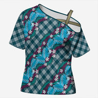 Polynesian Monstera Tiare Floral Cross Shoulder Shirt Dark Teal Tropical Plaid LT01 Female Teal - Polynesian Pride