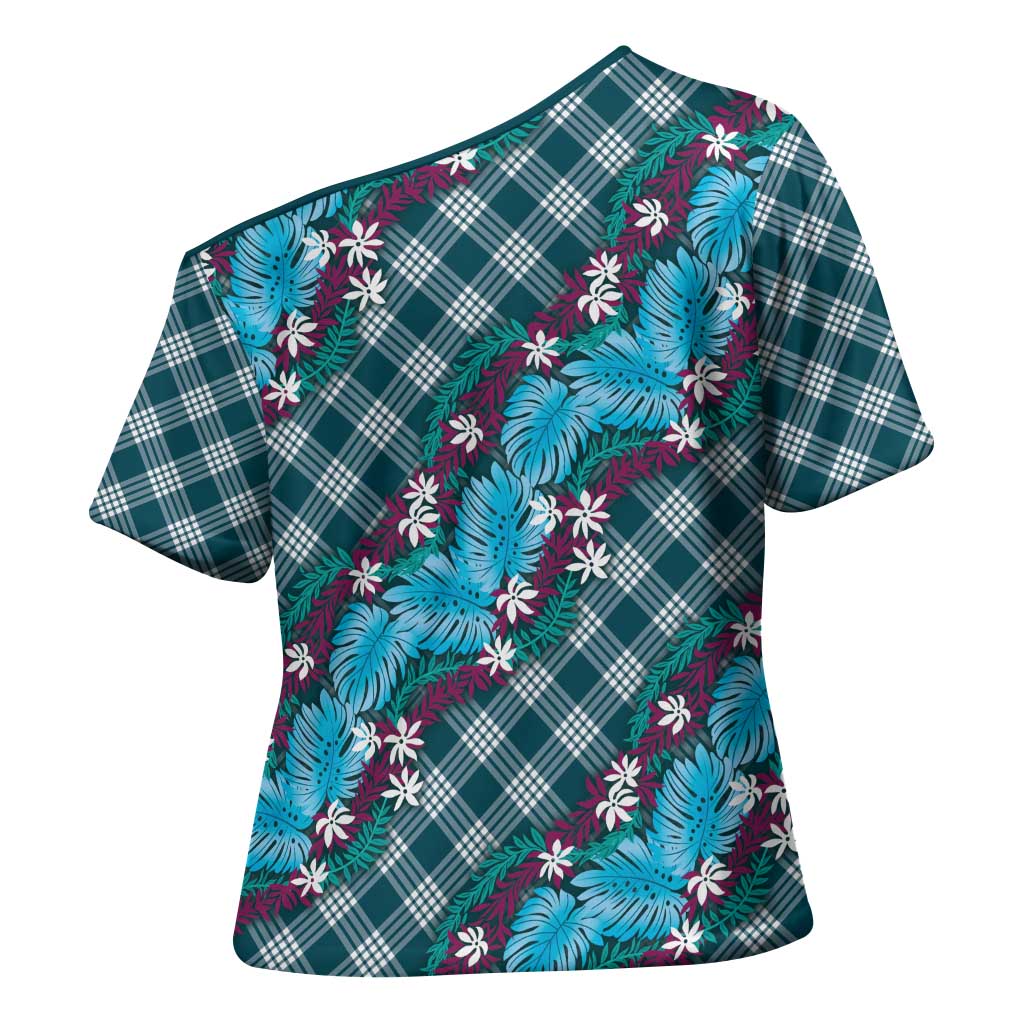 Polynesian Monstera Tiare Floral Cross Shoulder Shirt Dark Teal Tropical Plaid LT01 - Polynesian Pride