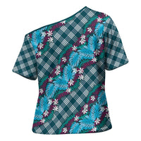 Polynesian Monstera Tiare Floral Cross Shoulder Shirt Dark Teal Tropical Plaid LT01 - Polynesian Pride