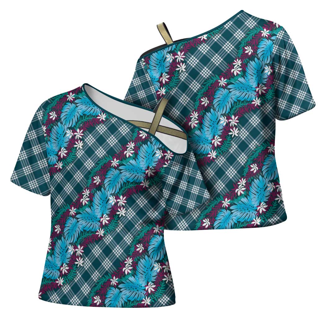 Polynesian Monstera Tiare Floral Cross Shoulder Shirt Dark Teal Tropical Plaid LT01 - Polynesian Pride