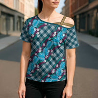 Polynesian Monstera Tiare Floral Cross Shoulder Shirt Dark Teal Tropical Plaid LT01 - Polynesian Pride