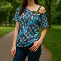 Polynesian Monstera Tiare Floral Cross Shoulder Shirt Dark Teal Tropical Plaid LT01 - Polynesian Pride