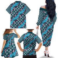Polynesian Monstera Tiare Floral Family Matching Off The Shoulder Long Sleeve Dress and Hawaiian Shirt Dark Teal Tropical Plaid - Polynesian Pride