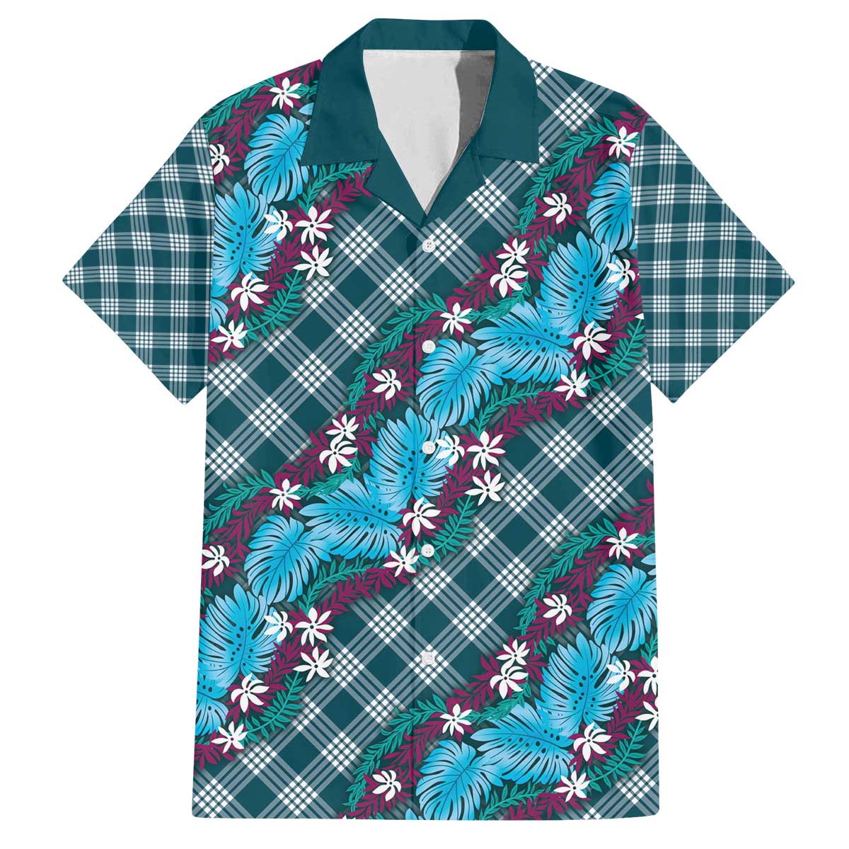 Polynesian Monstera Tiare Floral Family Matching Off The Shoulder Long Sleeve Dress and Hawaiian Shirt Dark Teal Tropical Plaid - Polynesian Pride