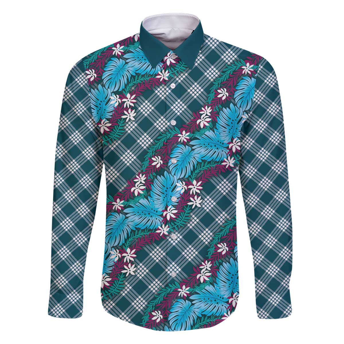 Polynesian Monstera Tiare Floral Family Matching Off The Shoulder Long Sleeve Dress and Hawaiian Shirt Dark Teal Tropical Plaid - Polynesian Pride