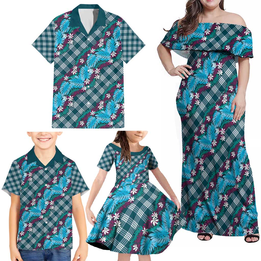 Polynesian Monstera Tiare Floral Family Matching Off Shoulder Maxi Dress and Hawaiian Shirt Dark Teal Tropical Plaid - Polynesian Pride