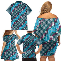 Polynesian Monstera Tiare Floral Family Matching Off Shoulder Short Dress and Hawaiian Shirt Dark Teal Tropical Plaid - Polynesian Pride