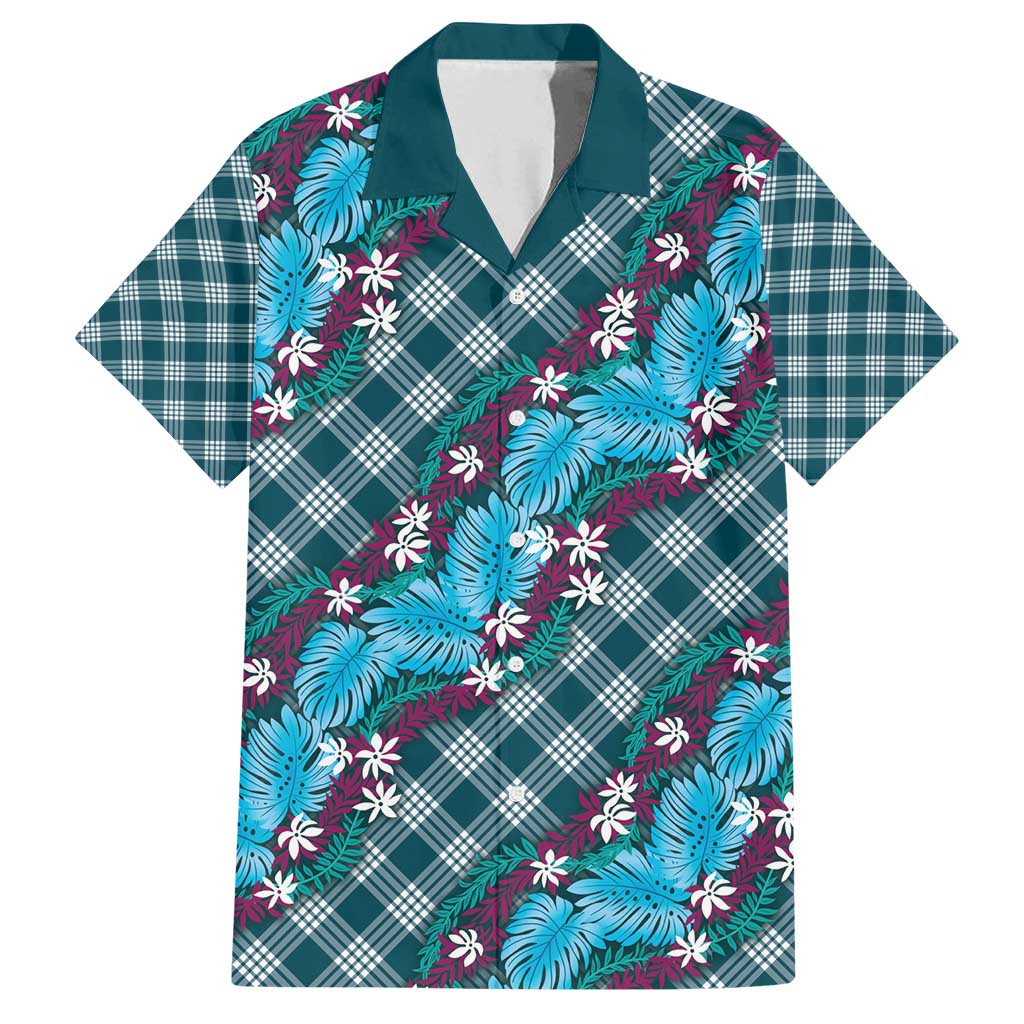 Polynesian Monstera Tiare Floral Family Matching Puletasi and Hawaiian Shirt Dark Teal Tropical Plaid - Polynesian Pride