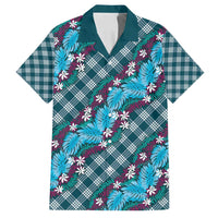 Polynesian Monstera Tiare Floral Family Matching Puletasi and Hawaiian Shirt Dark Teal Tropical Plaid - Polynesian Pride