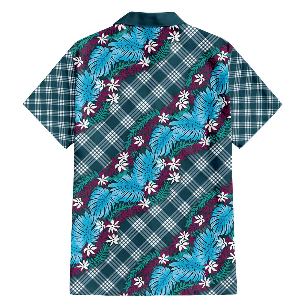 Polynesian Monstera Tiare Floral Family Matching Puletasi and Hawaiian Shirt Dark Teal Tropical Plaid - Polynesian Pride