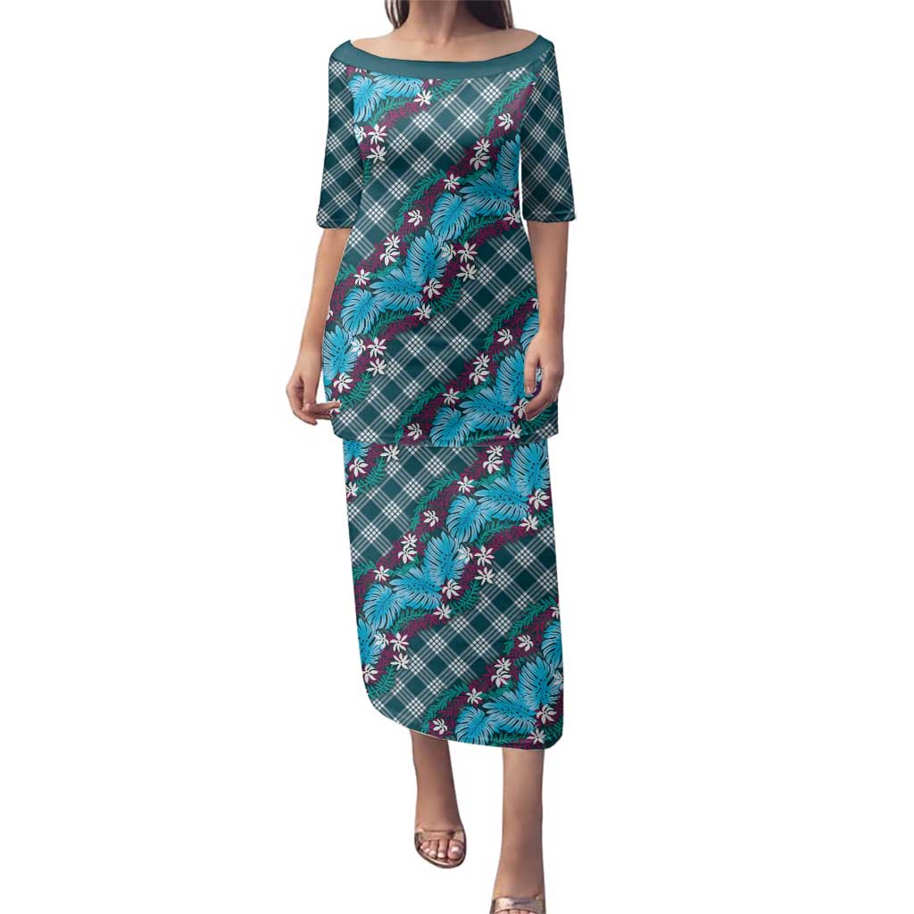 Polynesian Monstera Tiare Floral Family Matching Puletasi and Hawaiian Shirt Dark Teal Tropical Plaid - Polynesian Pride