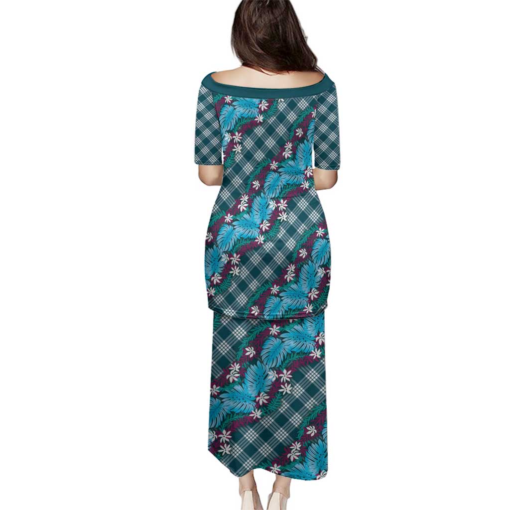 Polynesian Monstera Tiare Floral Family Matching Puletasi and Hawaiian Shirt Dark Teal Tropical Plaid - Polynesian Pride