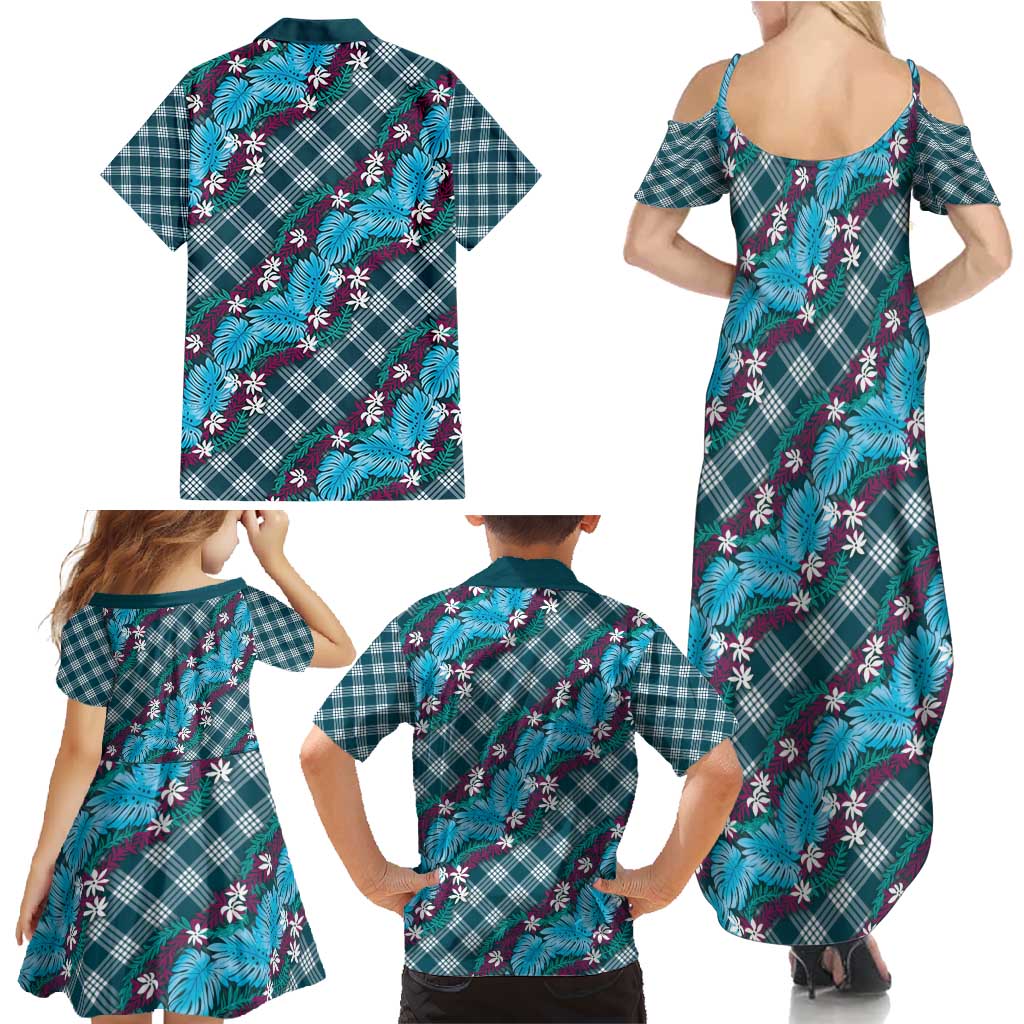 Polynesian Monstera Tiare Floral Family Matching Summer Maxi Dress and Hawaiian Shirt Dark Teal Tropical Plaid - Polynesian Pride