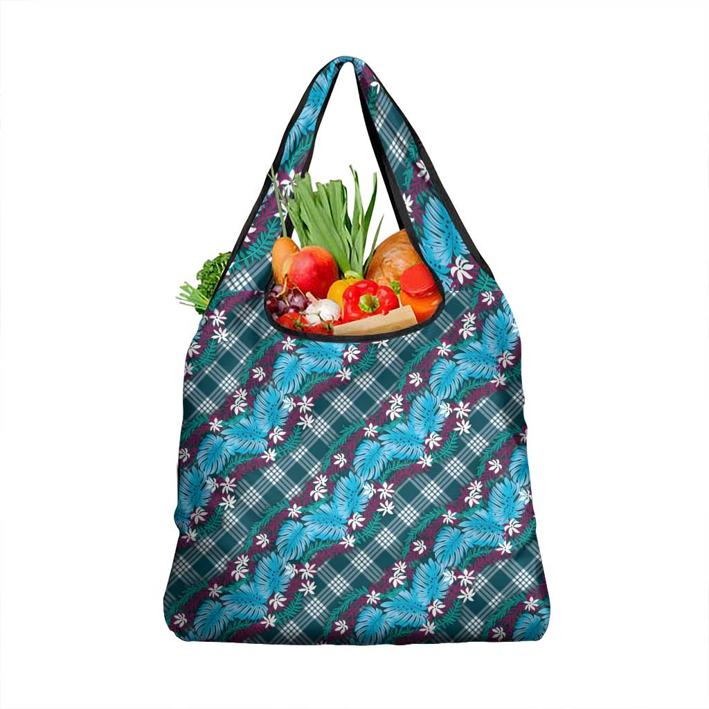Polynesian Monstera Tiare Floral Grocery Bag Dark Teal Tropical Plaid - Polynesian Pride
