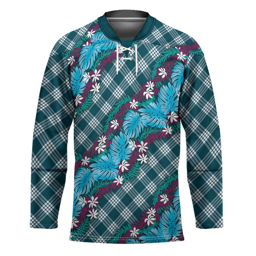 Polynesian Monstera Tiare Floral Hockey Jersey Dark Teal Tropical Plaid - Polynesian Pride