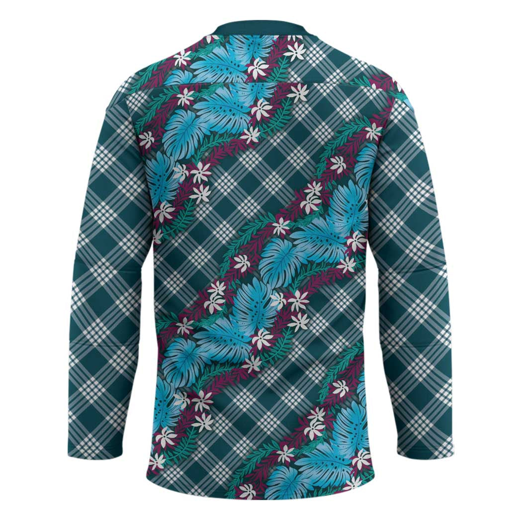 Polynesian Monstera Tiare Floral Hockey Jersey Dark Teal Tropical Plaid - Polynesian Pride