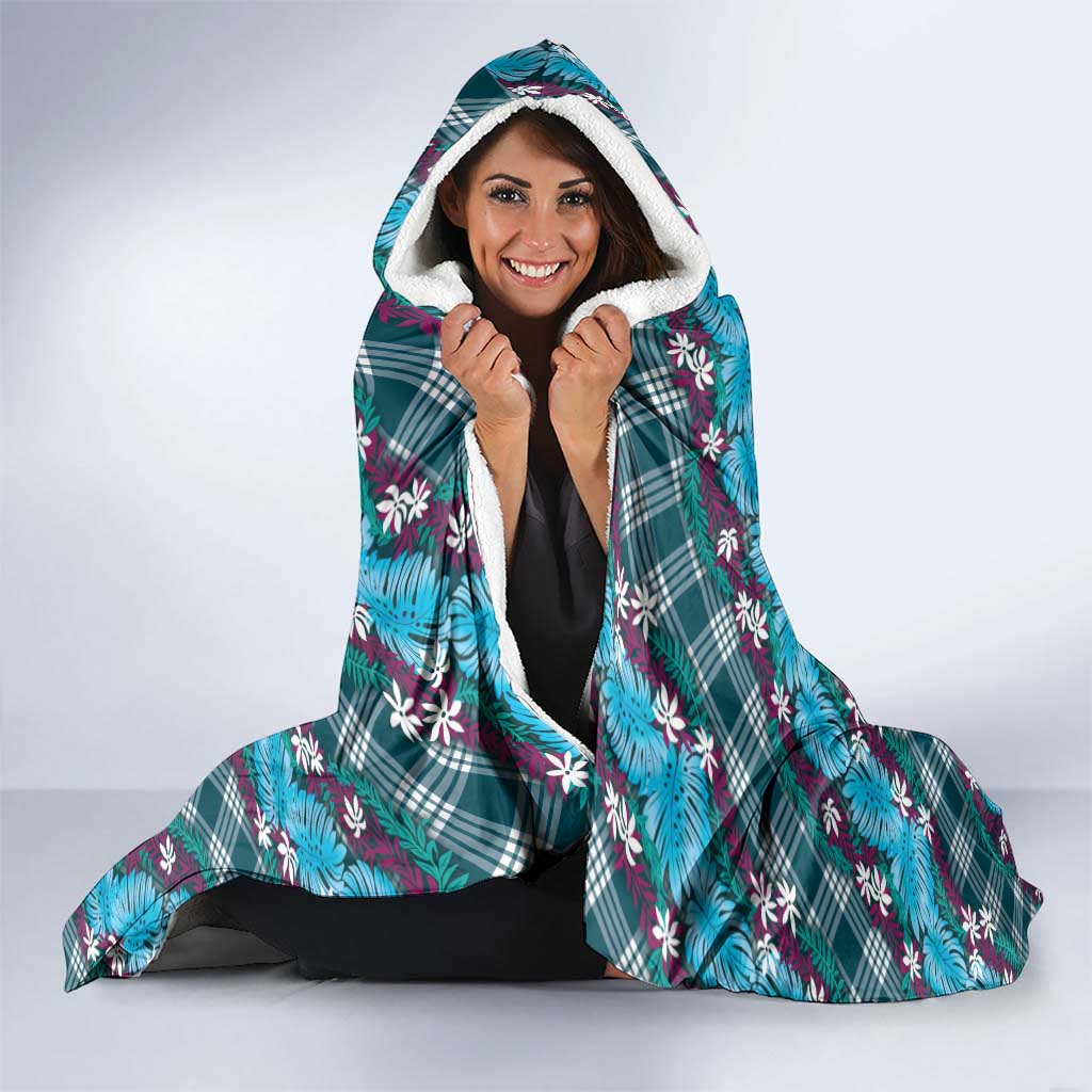 Polynesian Monstera Tiare Floral Hooded Blanket Dark Teal Tropical Plaid LT01 - Polynesian Pride