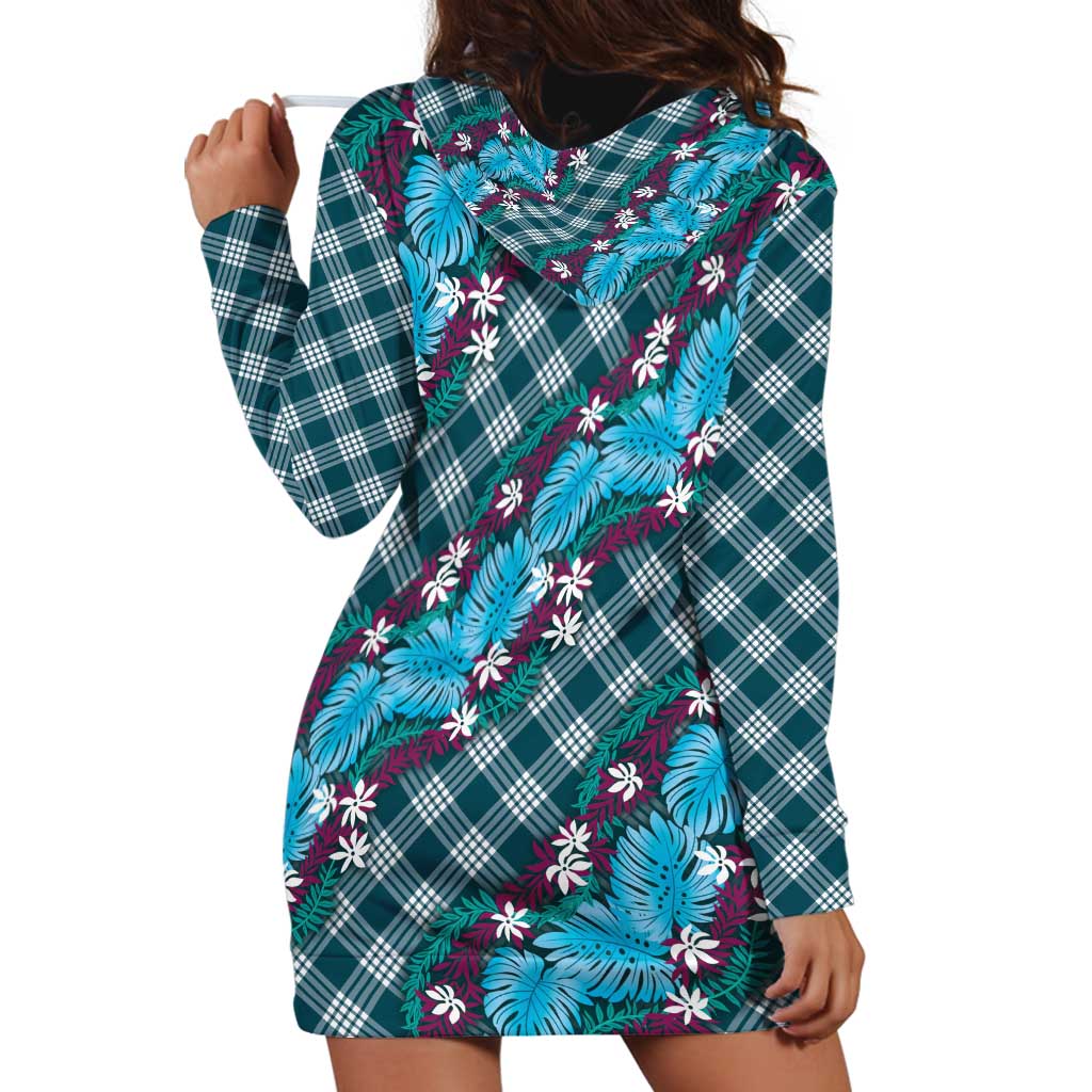 Polynesian Monstera Tiare Floral Hoodie Dress Dark Teal Tropical Plaid LT01 - Polynesian Pride