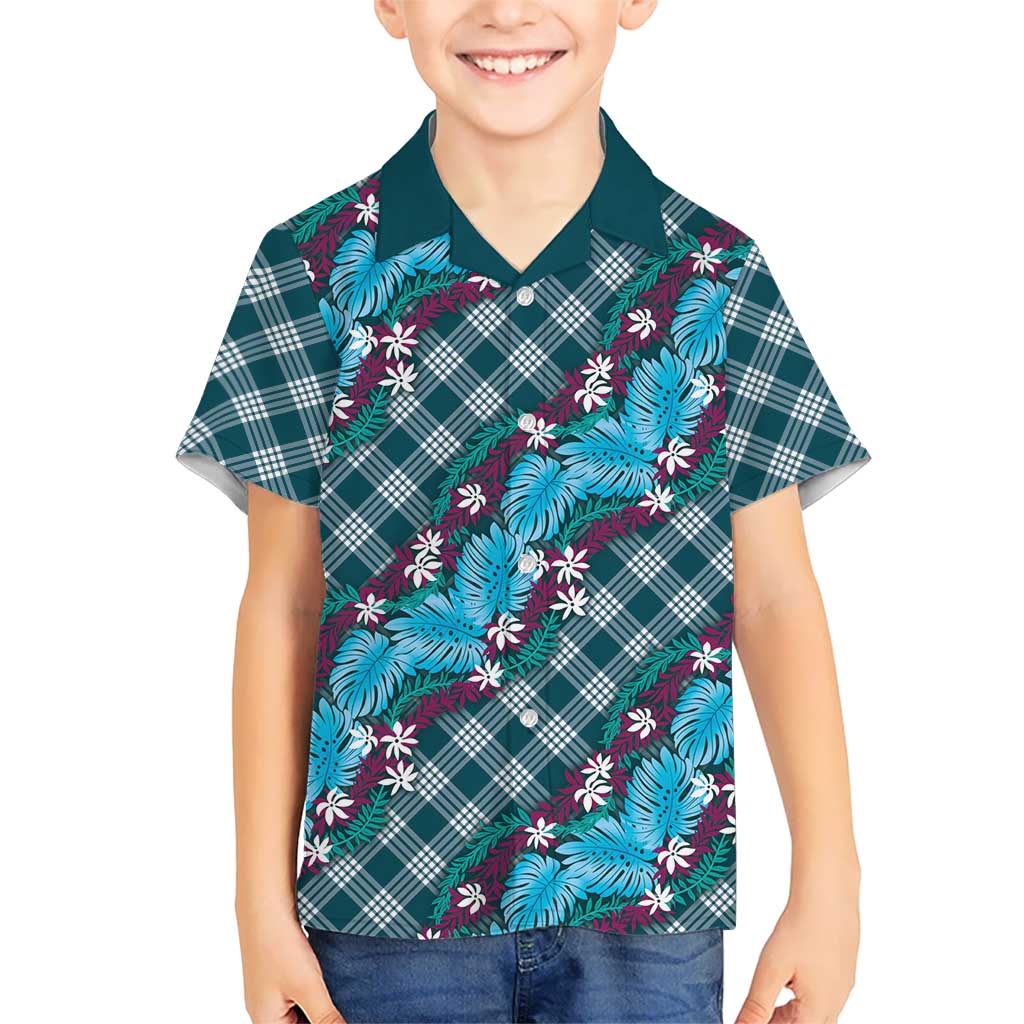 Polynesian Monstera Tiare Floral Kid Hawaiian Shirt Dark Teal Tropical Plaid LT01 Kid Teal - Polynesian Pride
