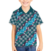 Polynesian Monstera Tiare Floral Kid Hawaiian Shirt Dark Teal Tropical Plaid LT01 Kid Teal - Polynesian Pride