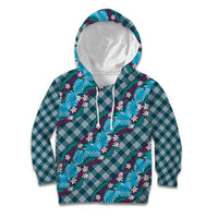 Polynesian Monstera Tiare Floral Kid Hoodie Dark Teal Tropical Plaid - Polynesian Pride