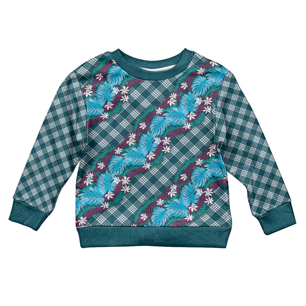 Polynesian Monstera Tiare Floral Kid Ugly Christmas Sweater Dark Teal Tropical Plaid LT01 Kid Teal - Polynesian Pride