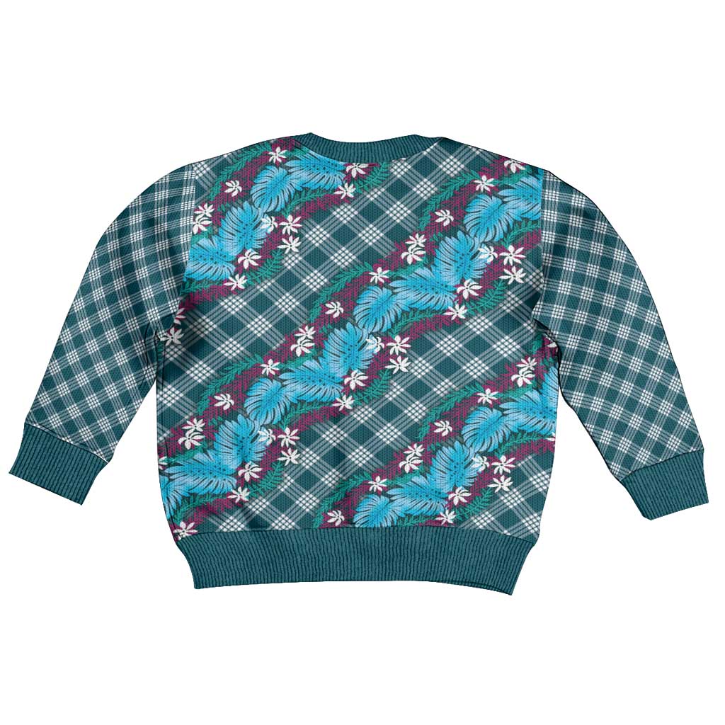 Polynesian Monstera Tiare Floral Kid Ugly Christmas Sweater Dark Teal Tropical Plaid LT01 - Polynesian Pride