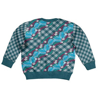 Polynesian Monstera Tiare Floral Kid Ugly Christmas Sweater Dark Teal Tropical Plaid LT01 - Polynesian Pride
