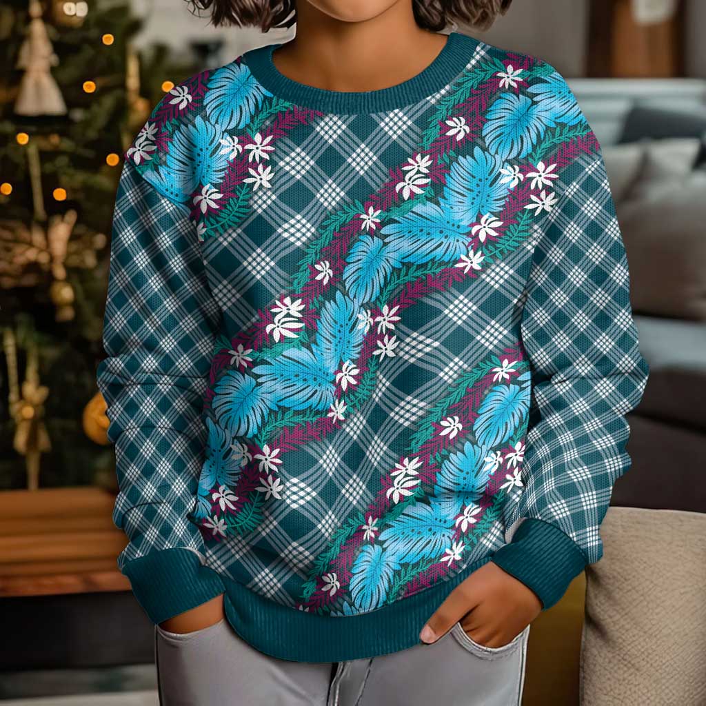 Polynesian Monstera Tiare Floral Kid Ugly Christmas Sweater Dark Teal Tropical Plaid LT01 - Polynesian Pride