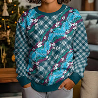 Polynesian Monstera Tiare Floral Kid Ugly Christmas Sweater Dark Teal Tropical Plaid LT01 - Polynesian Pride