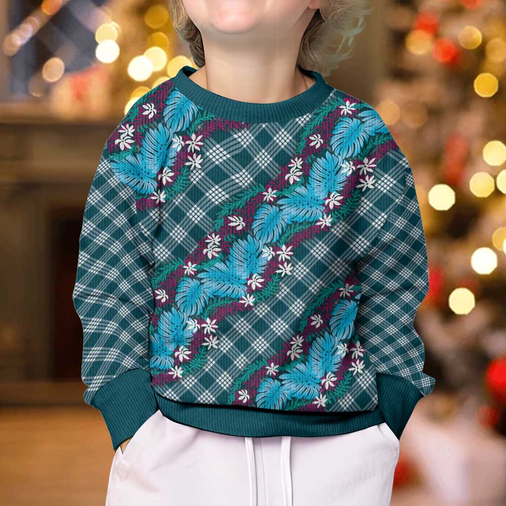 Polynesian Monstera Tiare Floral Kid Ugly Christmas Sweater Dark Teal Tropical Plaid LT01 - Polynesian Pride