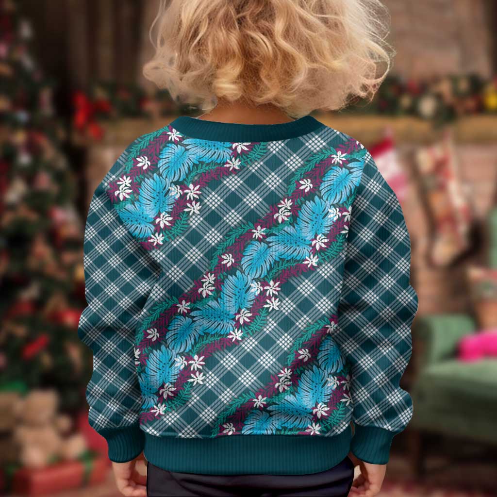 Polynesian Monstera Tiare Floral Kid Ugly Christmas Sweater Dark Teal Tropical Plaid LT01 - Polynesian Pride