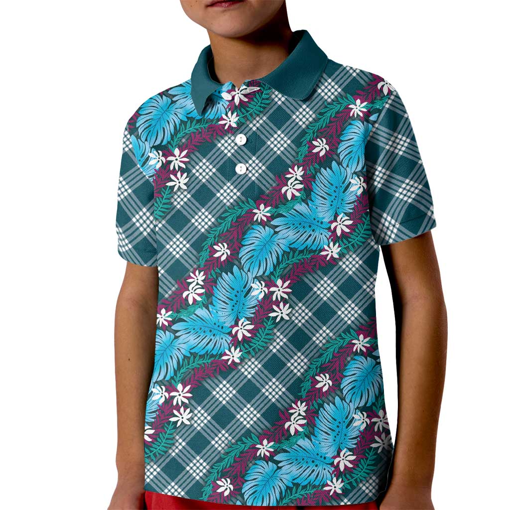 Polynesian Monstera Tiare Floral Kid Polo Shirt Dark Teal Tropical Plaid LT01 Kid Teal - Polynesian Pride